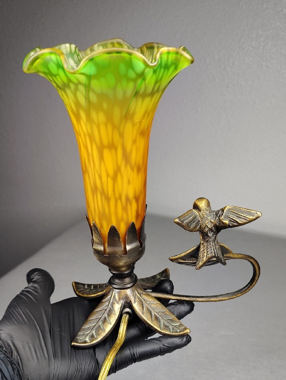 Vintage Floral Glass Pendant Lamp - Amber to Green Shade W/Hummingbird - Picture 8 of 16